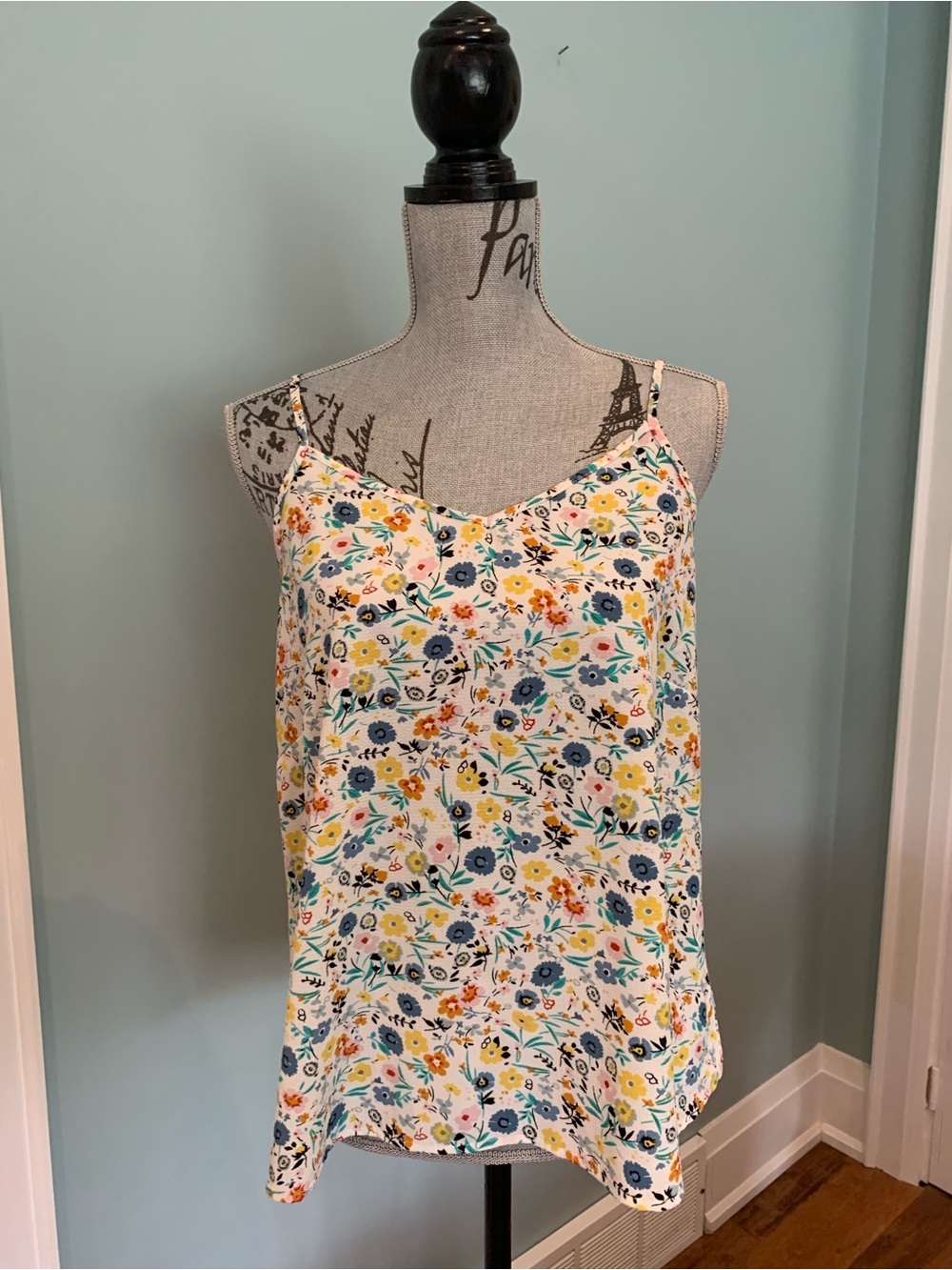 Only Floral Spaghetti Strap Cami in White with Blue & Yellow Flowers